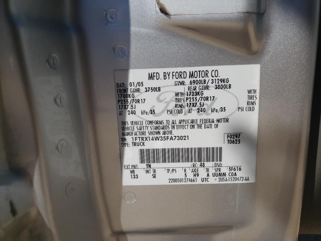 Photo 10 from auction – 2005 FORD F150 with VIN 1FTRX14W35FA73021