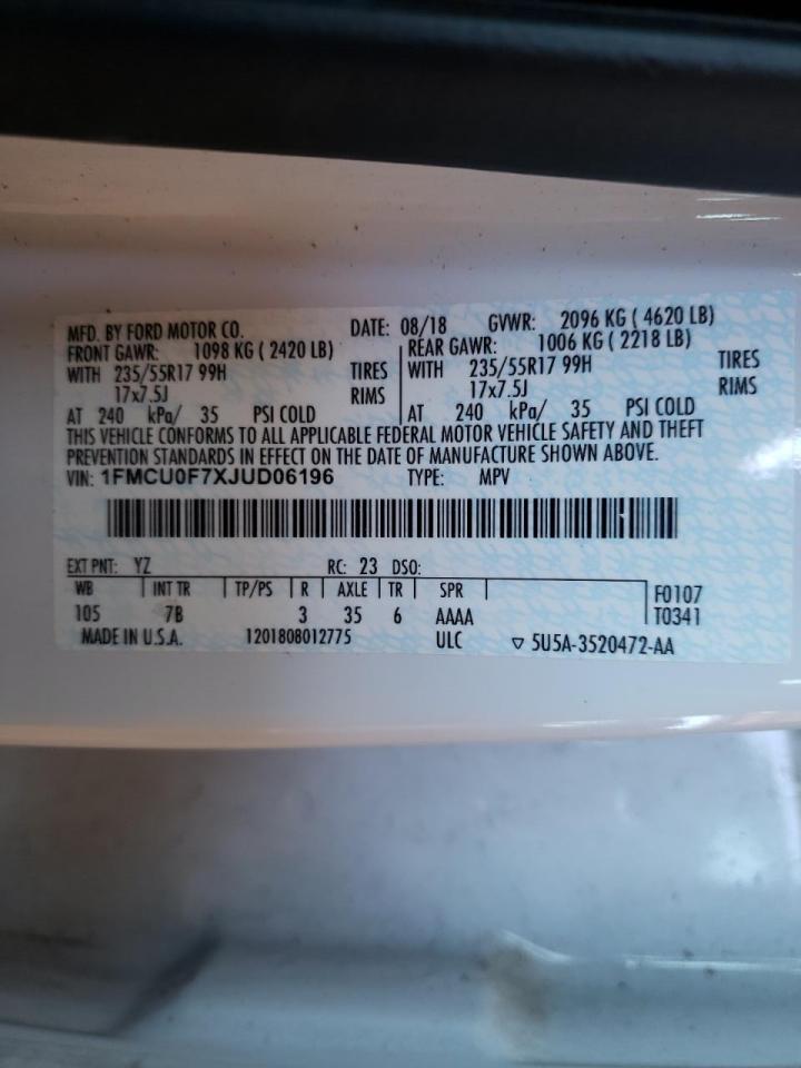 Photo 10 from auction – 2018 FORD ESCAPE S with VIN 1FMCU0F7XJUD06196