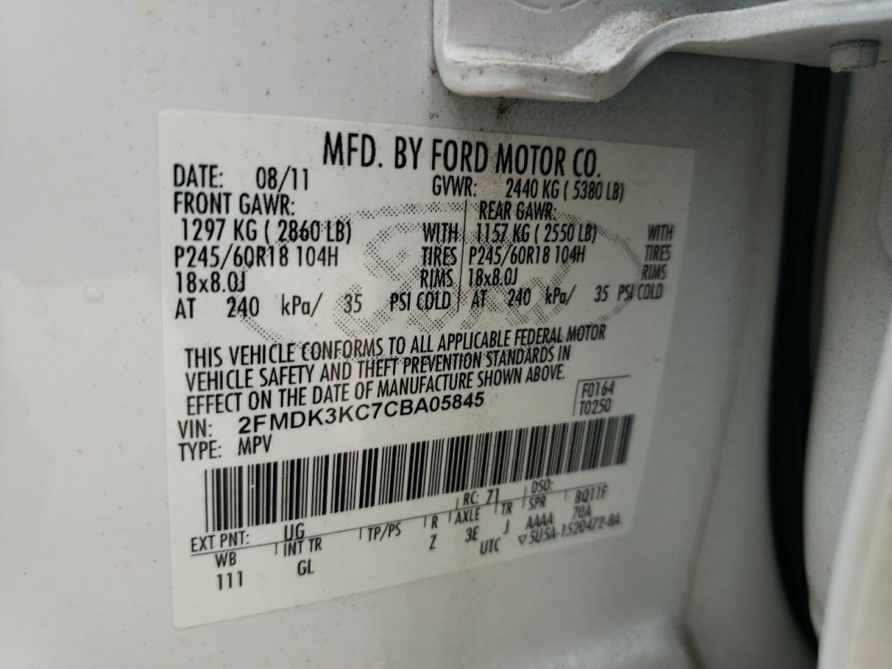 Photo 10 from auction – 2012 FORD EDGE LIMIT with VIN 2FMDK3KC7CBA05845