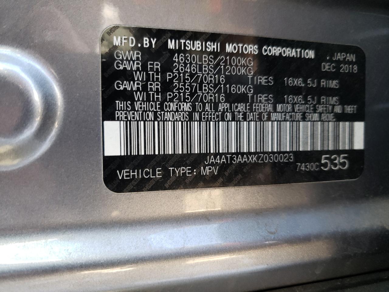 Photo 10 from auction – 2019 MITSUBISHI ECLIPSE CR with VIN JA4AT3AAXKZ030023