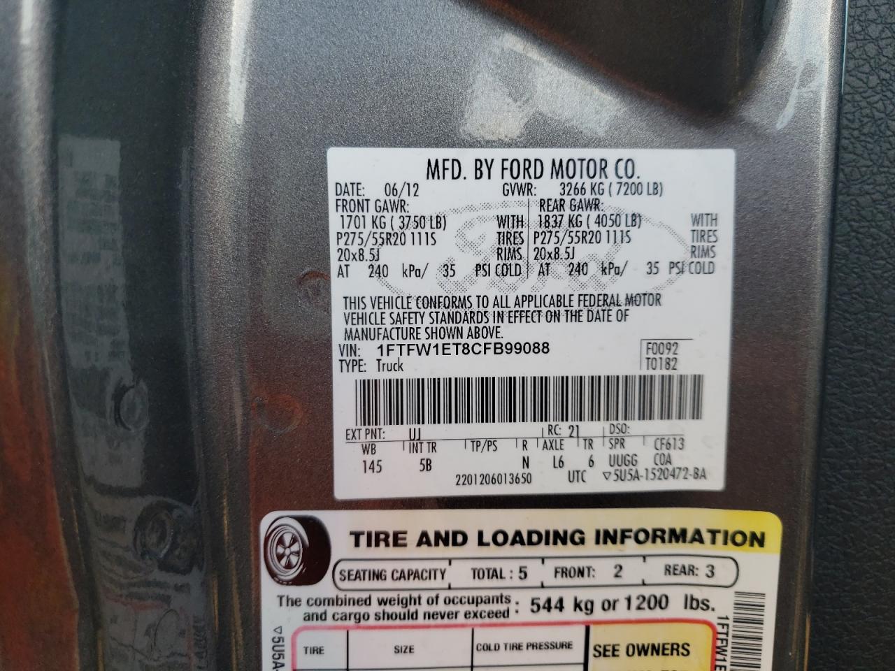 Photo 10 from auction – 2012 FORD F150 SUPER with VIN 1FTFW1ET8CFB99088