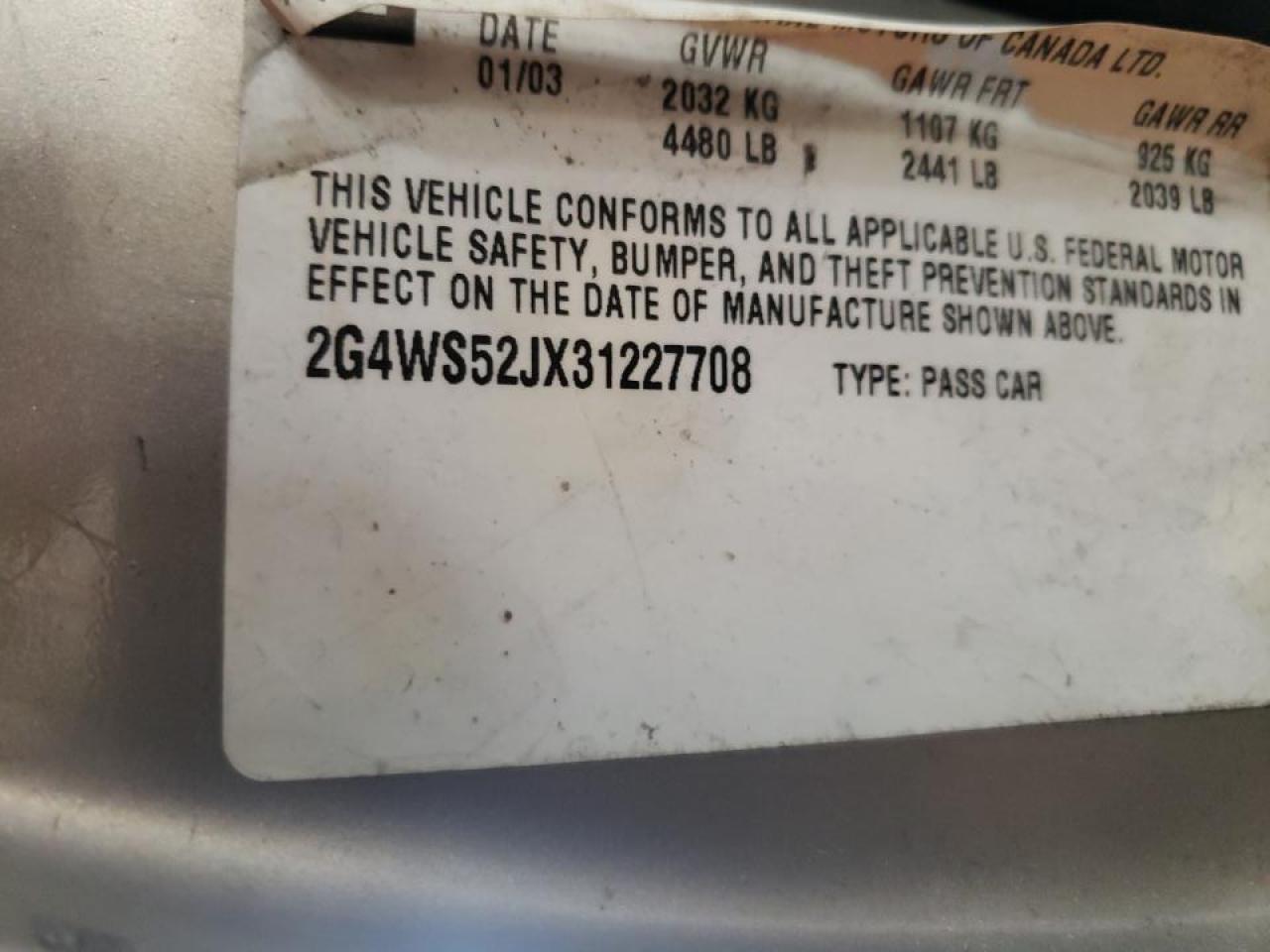 Photo 10 from auction – 2003 BUICK CENTURY CU with VIN 2G4WS52JX31227708