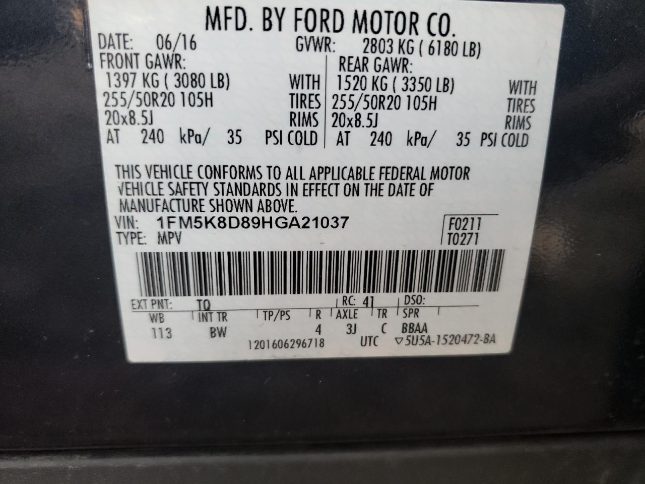 Photo 10 from auction – 2017 FORD EXPLORER X with VIN 1FM5K8D89HGA21037