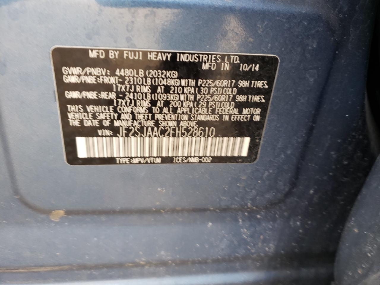 Photo 10 from auction – 2015 SUBARU FORESTER 2 with VIN JF2SJAAC2FH528610