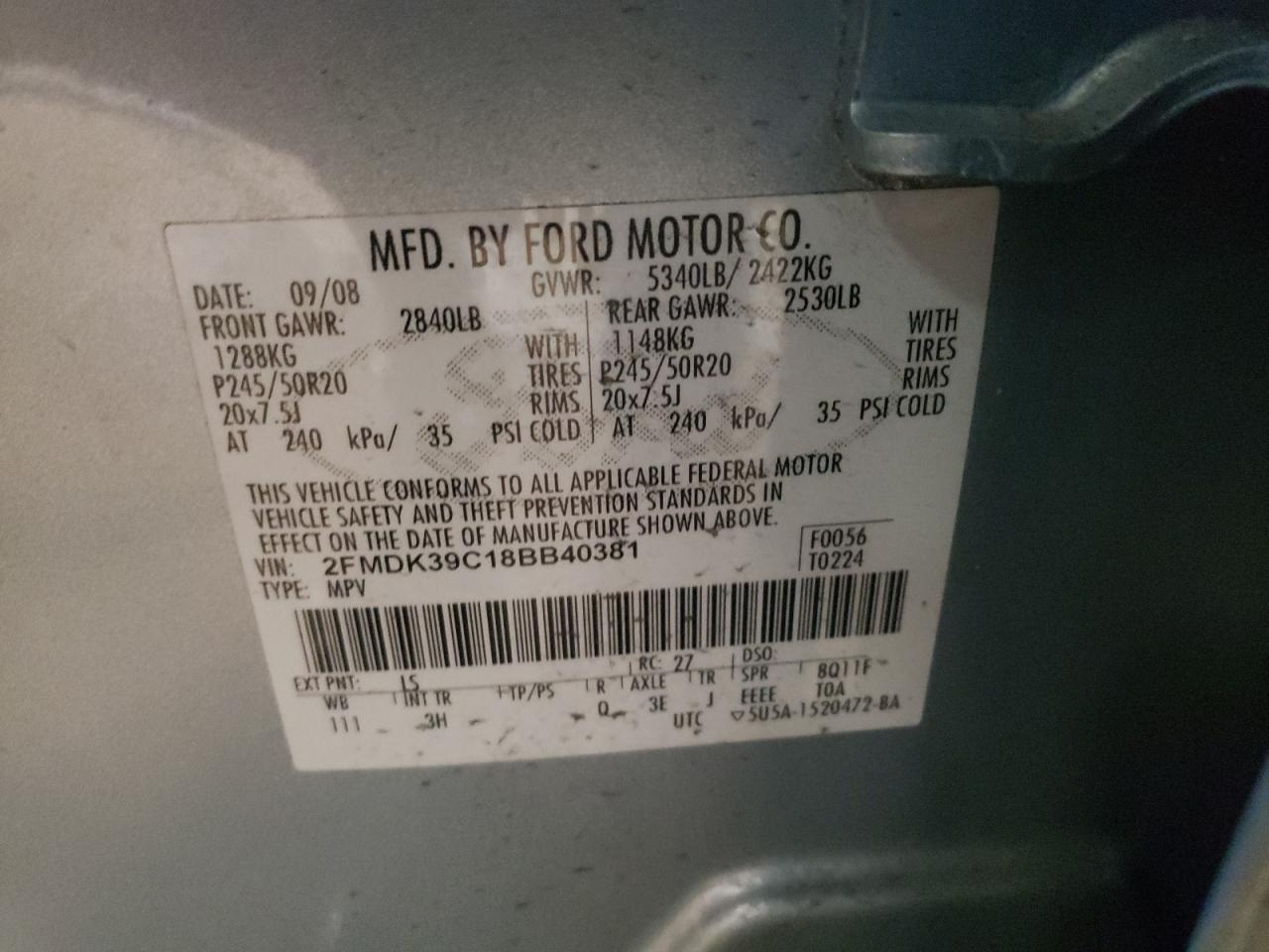 Photo 10 from auction – 2008 FORD EDGE LIMIT with VIN 2FMDK39C18BB40381
