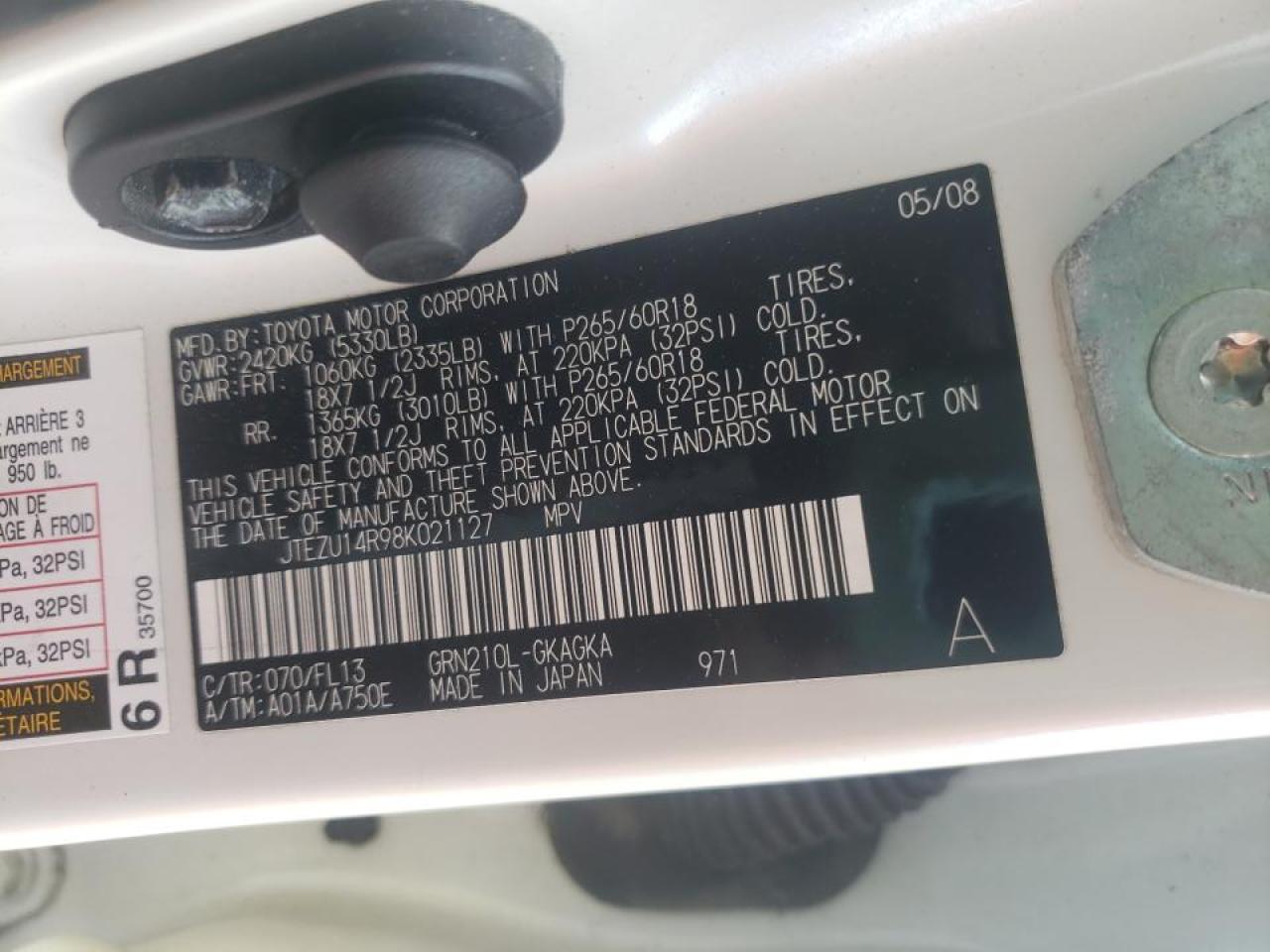 Photo 10 from auction – 2008 TOYOTA 4RUNNER SR with VIN JTEZU14R98K021127