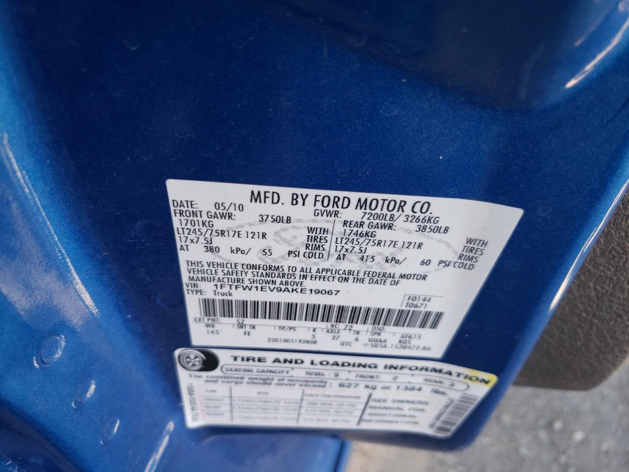 Photo 10 from auction – 2010 FORD F150 SUPER with VIN 1FTFW1EV9AKE19067