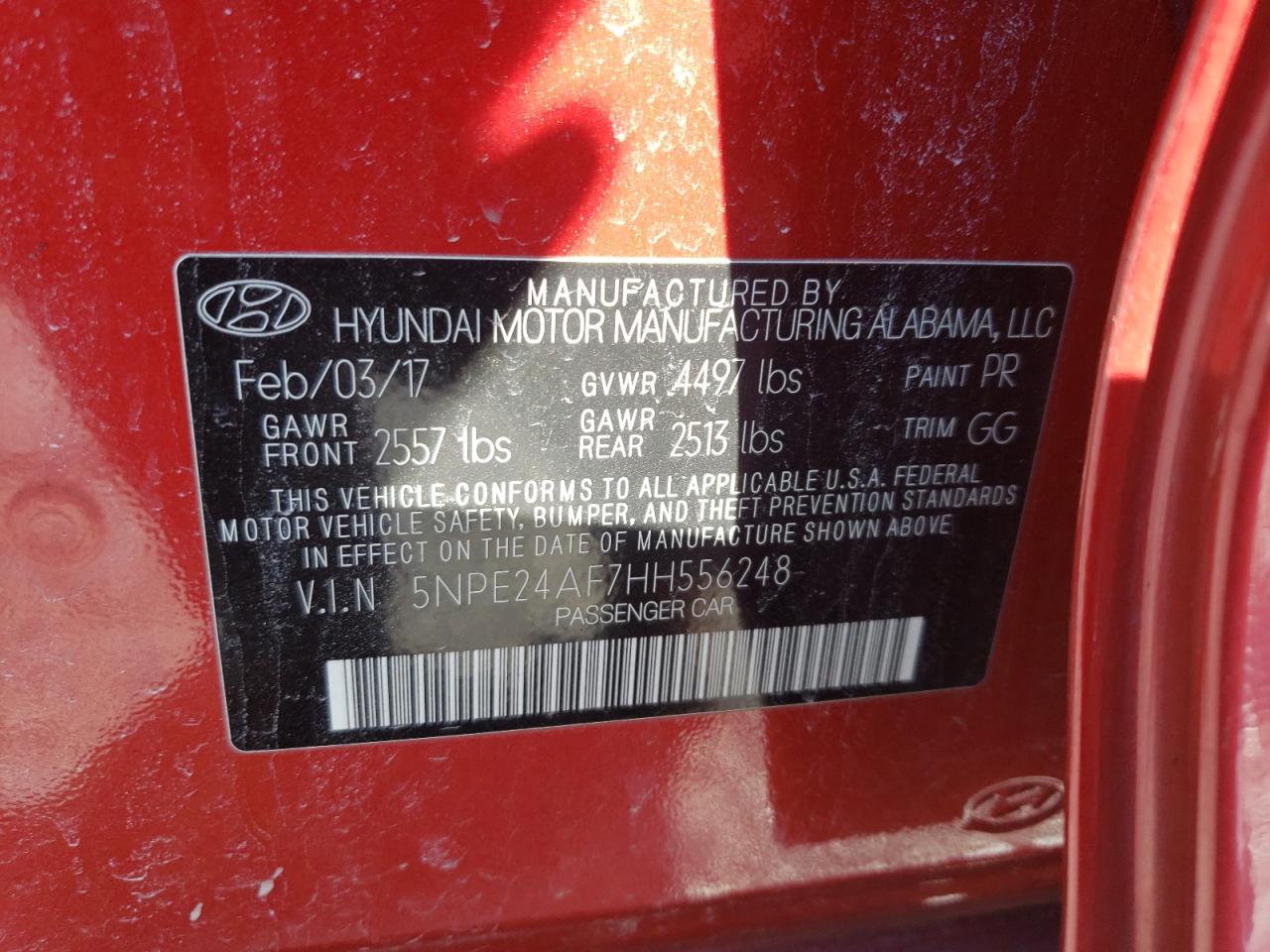 Photo 10 from auction – 2017 HYUNDAI SONATA SE with VIN 5NPE24AF7HH556248