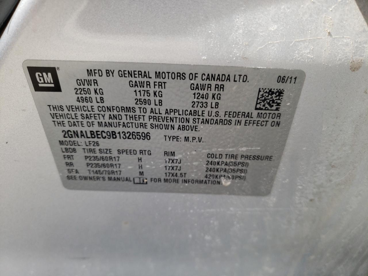 Photo 10 from auction – 2011 CHEVROLET EQUINOX LS with VIN 2GNALBEC9B1326596