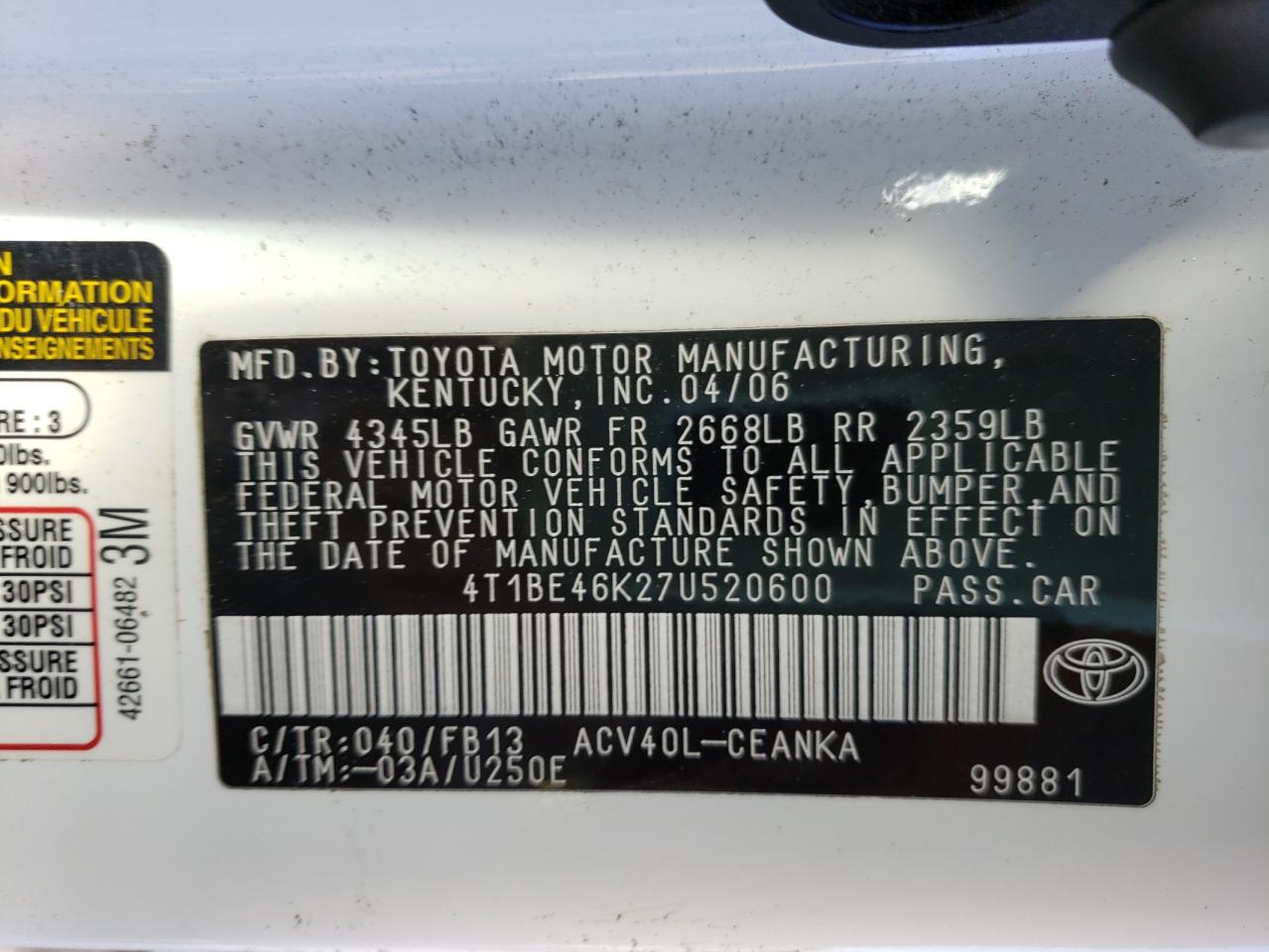 Photo 10 from auction – 2007 TOYOTA CAMRY CE with VIN 4T1BE46K27U520600