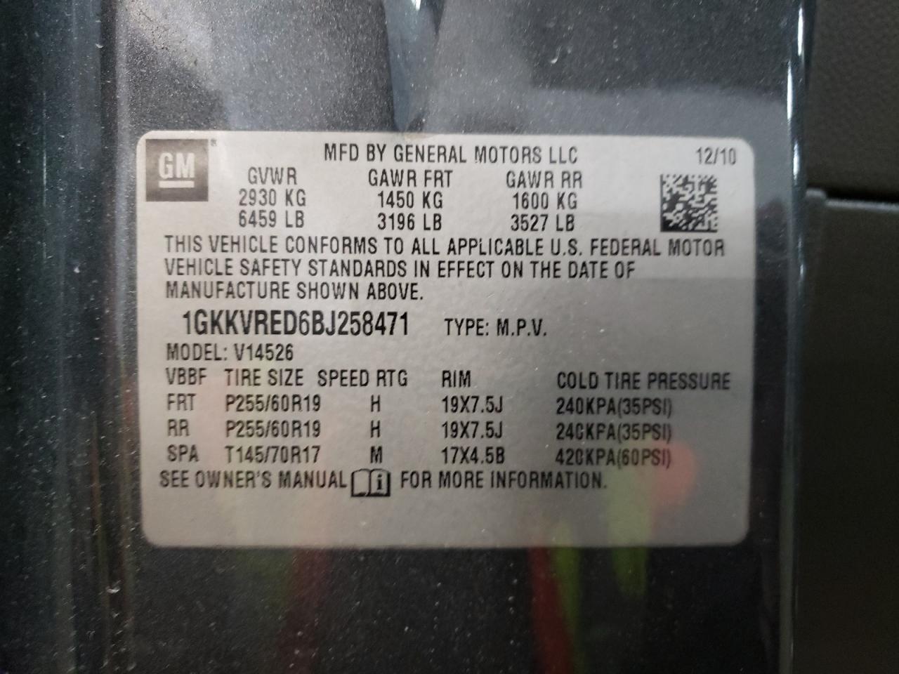 Photo 10 from auction – 2011 GMC ACADIA SLT with VIN 1GKKVRED6BJ258471