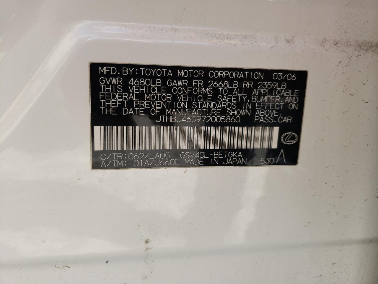 Фото 10 с аукциона – 2007 LEXUS ES 350 с VIN JTHBJ46G972005860