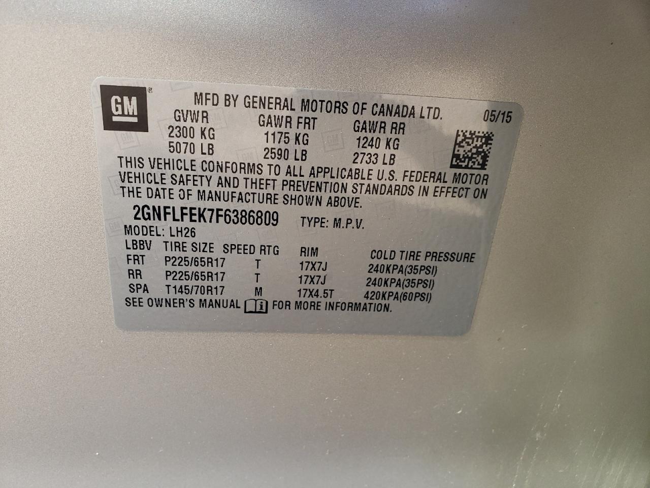 Photo 10 from auction – 2015 CHEVROLET EQUINOX LT with VIN 2GNFLFEK7F6386809