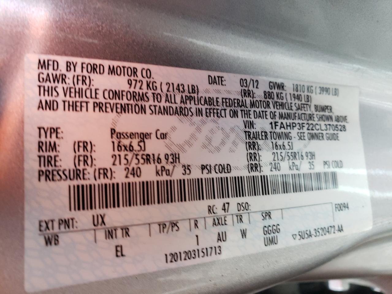 Photo 10 from auction – 2012 FORD FOCUS SE with VIN 1FAHP3F22CL370528