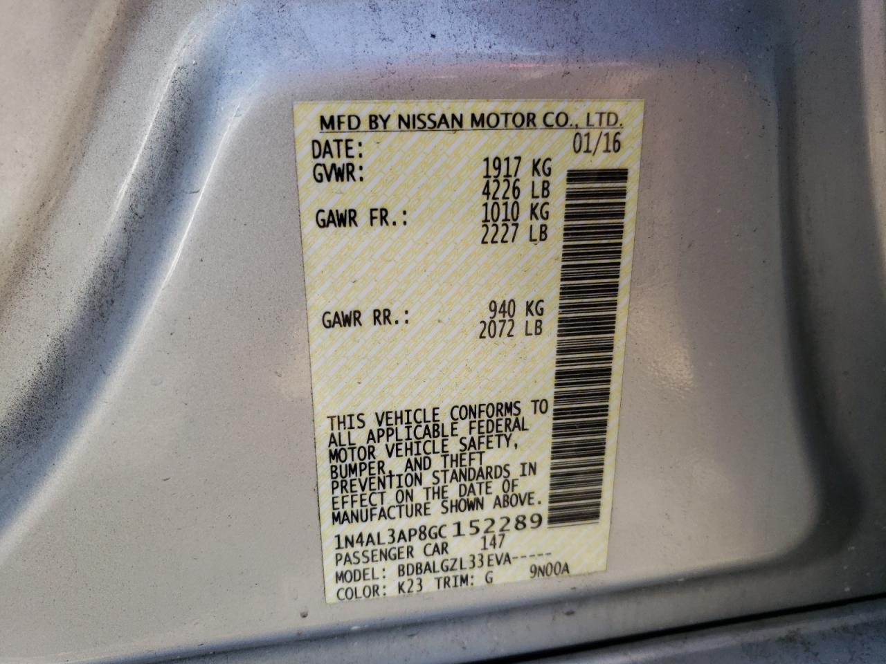 Photo 10 from auction – 2016 NISSAN ALTIMA 2.5 with VIN 1N4AL3AP8GC152289