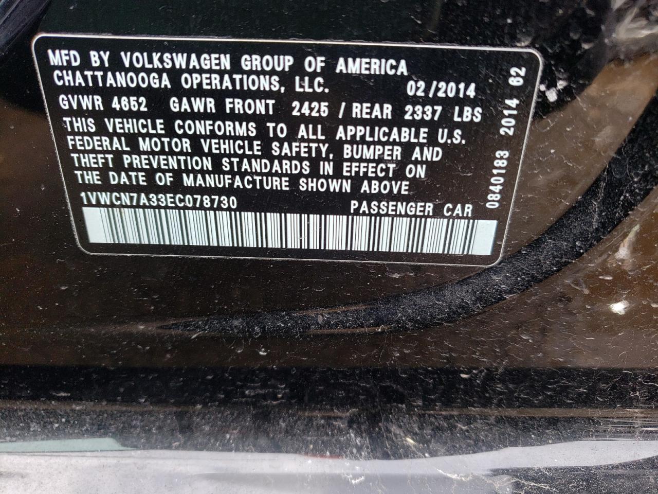 Photo 10 from auction – 2014 VOLKSWAGEN PASSAT SEL with VIN 1VWCN7A33EC078730