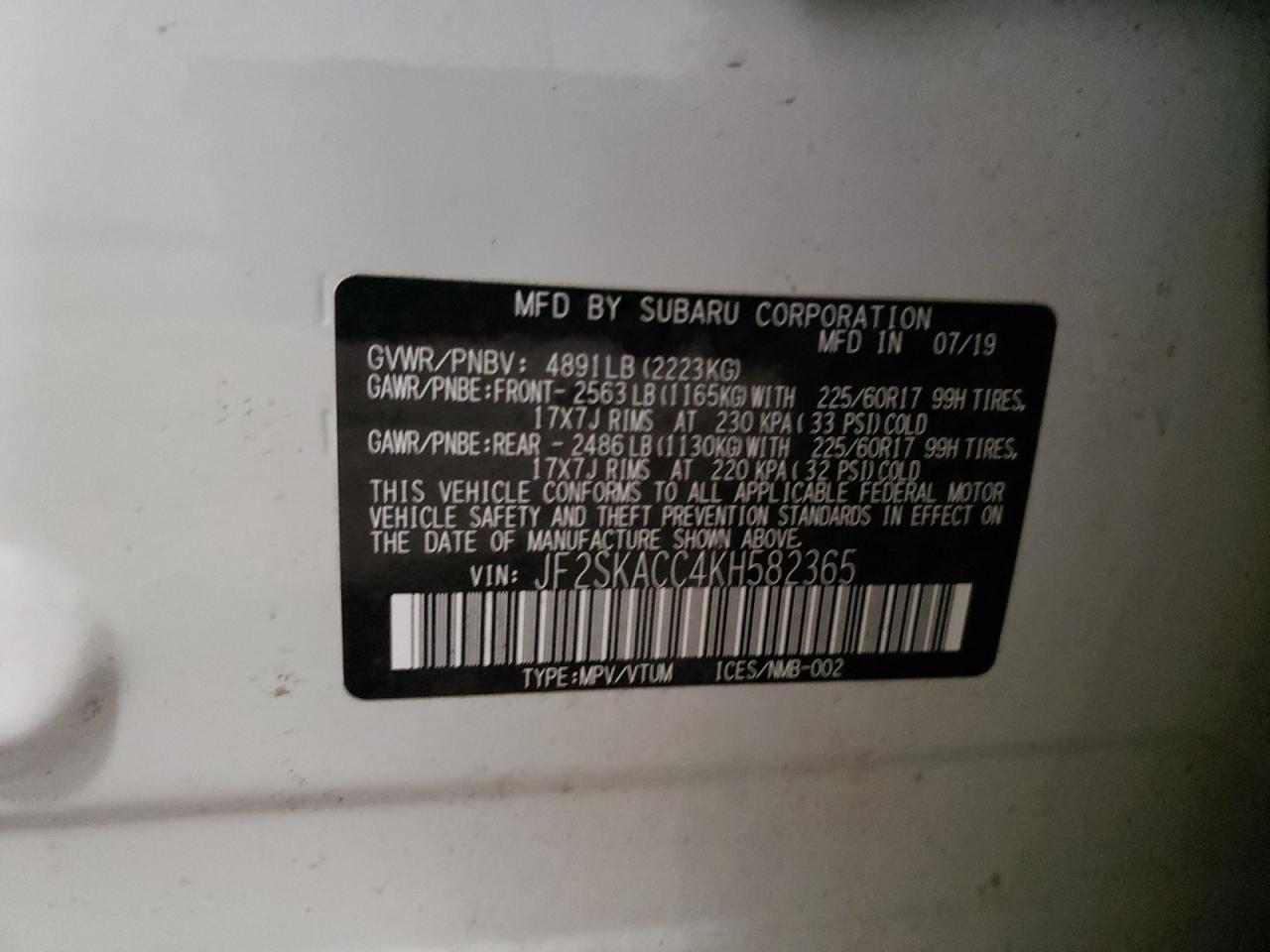 Photo 10 from auction – 2019 SUBARU FORESTER with VIN JF2SKACC4KH582365