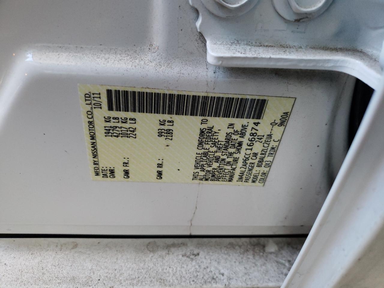 Photo 10 from auction – 2012 NISSAN ALTIMA BAS with VIN 1N4AL2AP6CC166874