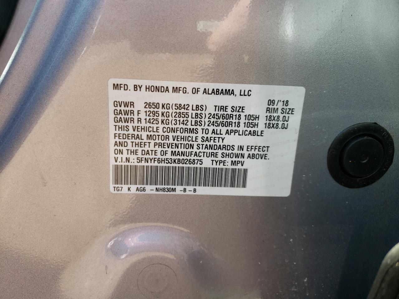 Photo 10 from auction – 2019 HONDA PILOT EXL with VIN 5FNYF6H53KB026875