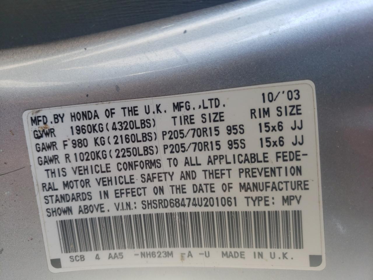 Photo 10 from auction – 2004 HONDA CR-V LX with VIN SHSRD68474U201061
