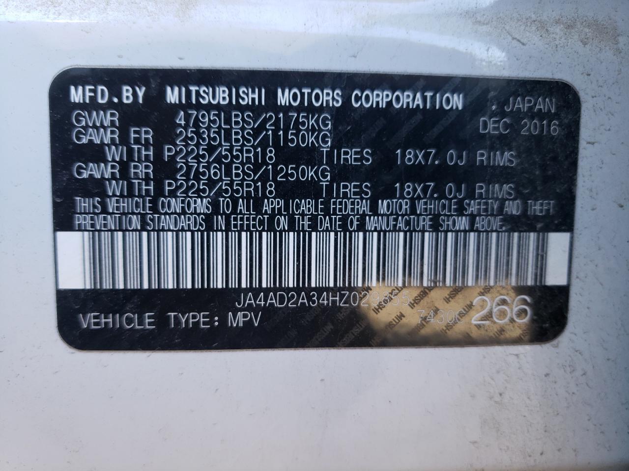 Photo 10 from auction – 2017 MITSUBISHI OUTLANDER with VIN JA4AD2A34HZ029855