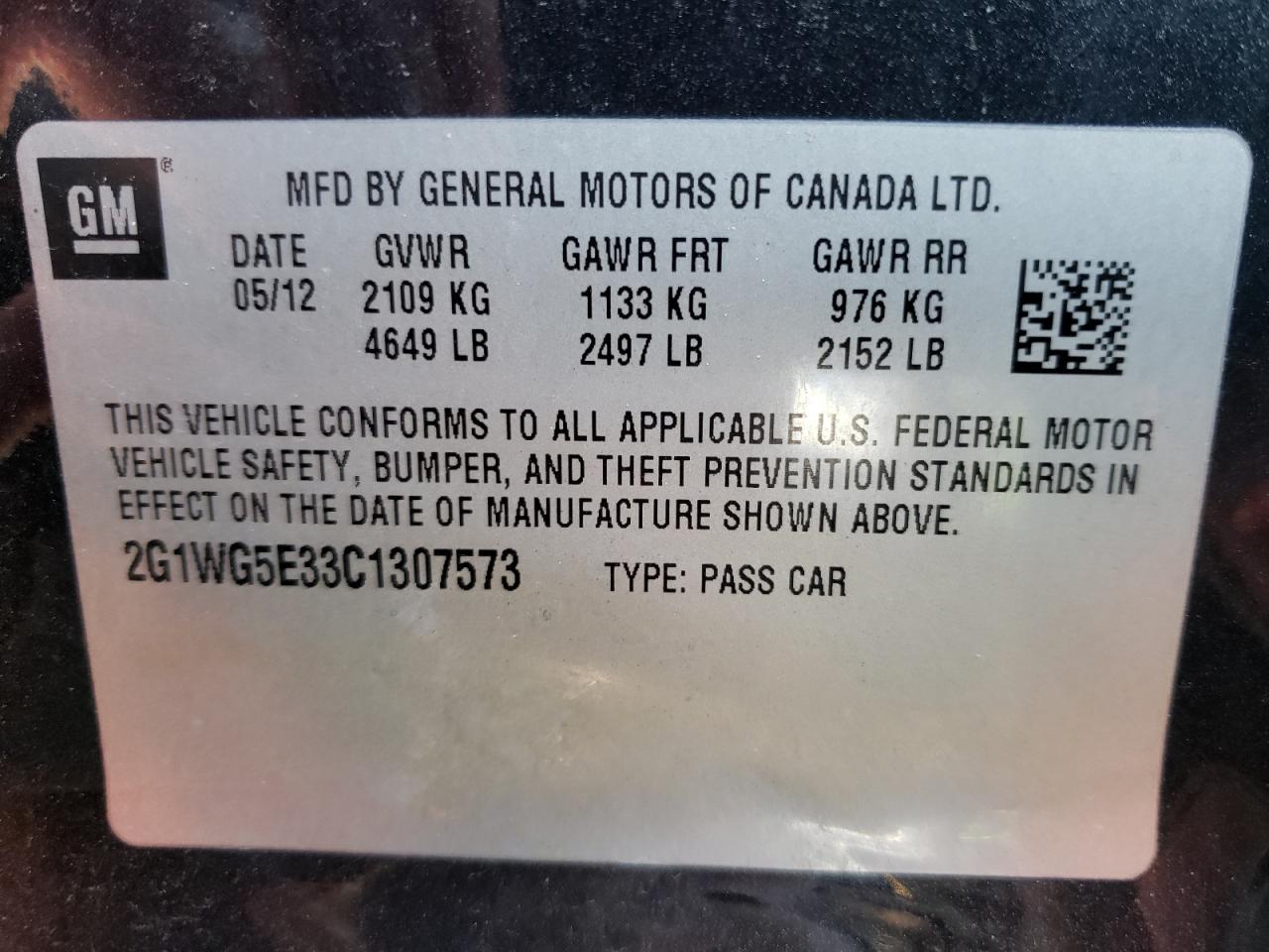Photo 10 from auction – 2012 CHEVROLET IMPALA LT with VIN 2G1WG5E33C1307573