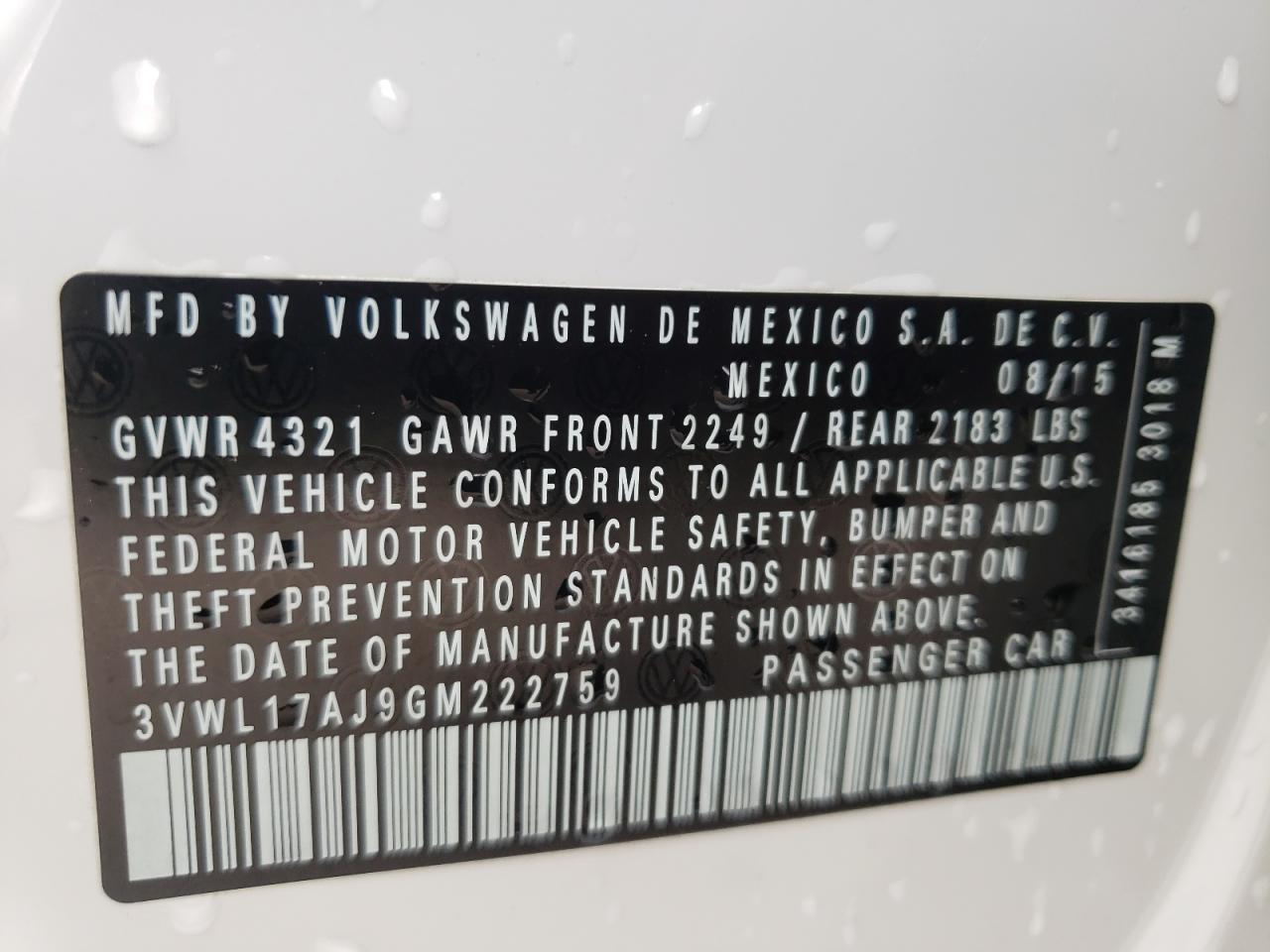 Photo 10 from auction – 2016 VOLKSWAGEN JETTA SEL with VIN 3VWL17AJ9GM222759