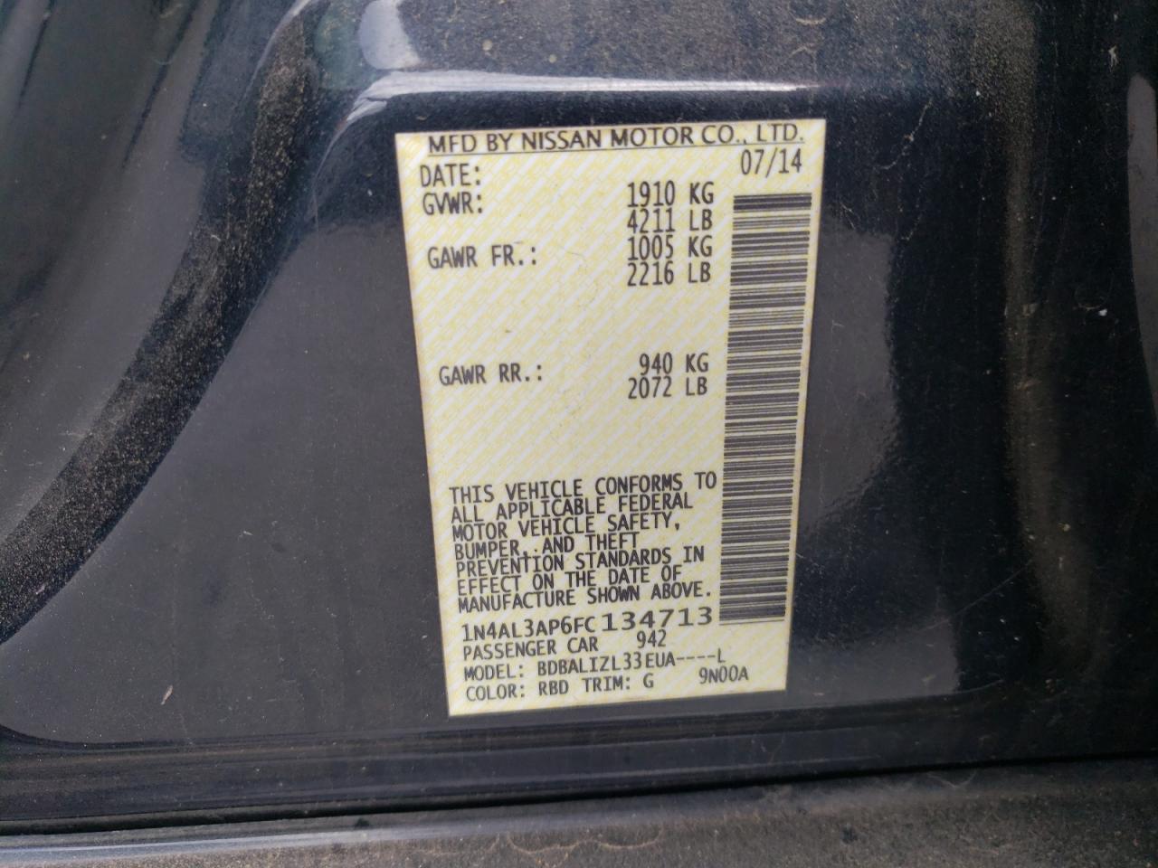 Photo 10 from auction – 2015 NISSAN ALTIMA 2.5 with VIN 1N4AL3AP6FC134713