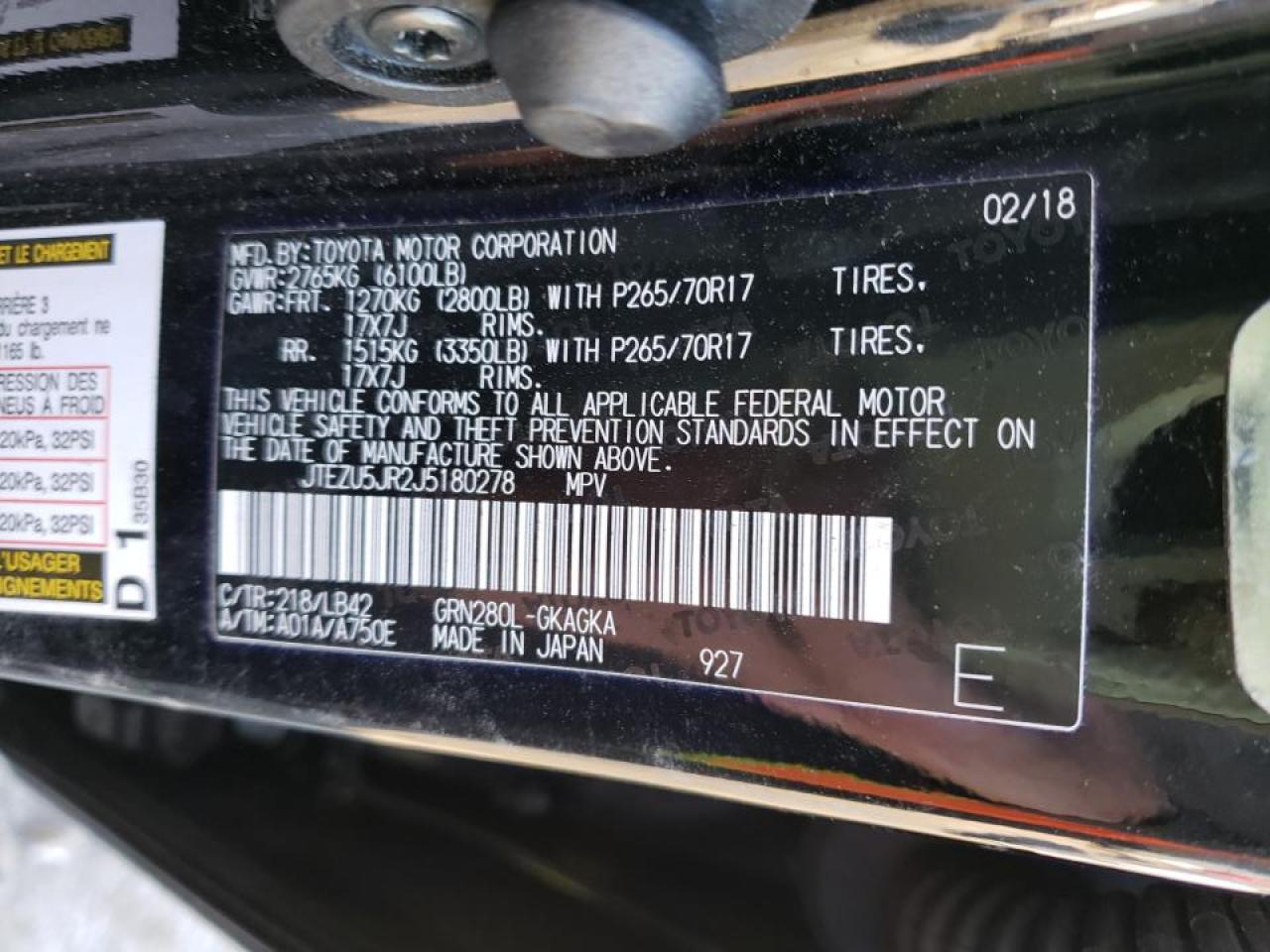 Photo 10 from auction – 2018 TOYOTA 4RUNNER SR with VIN JTEZU5JR2J5180278