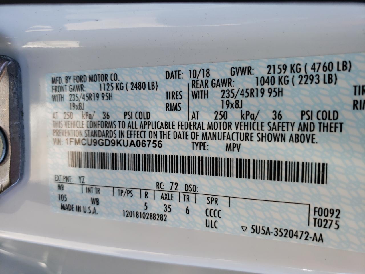 Photo 10 from auction – 2019 FORD ESCAPE SE with VIN 1FMCU9GD9KUA06756