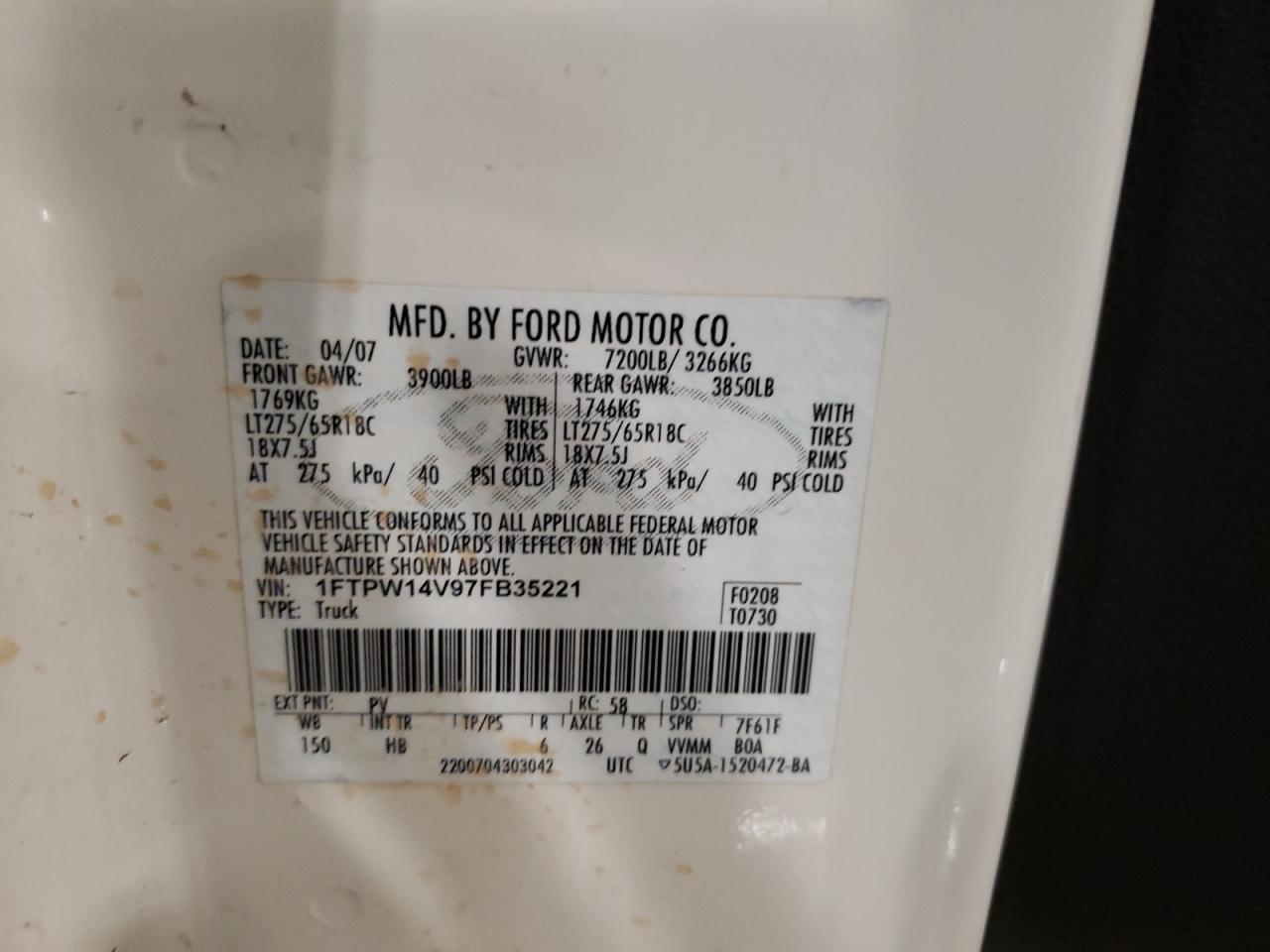 Photo 10 from auction – 2007 FORD F150 SUPER with VIN 1FTPW14V97FB35221