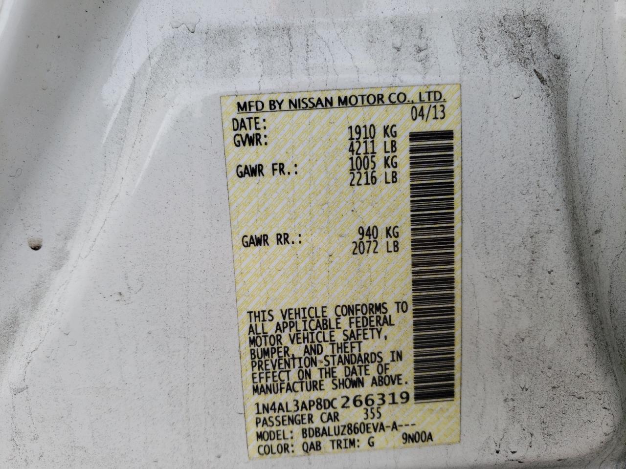Photo 11 from auction – 2013 NISSAN ALTIMA 2.5 with VIN 1N4AL3AP8DC266319
