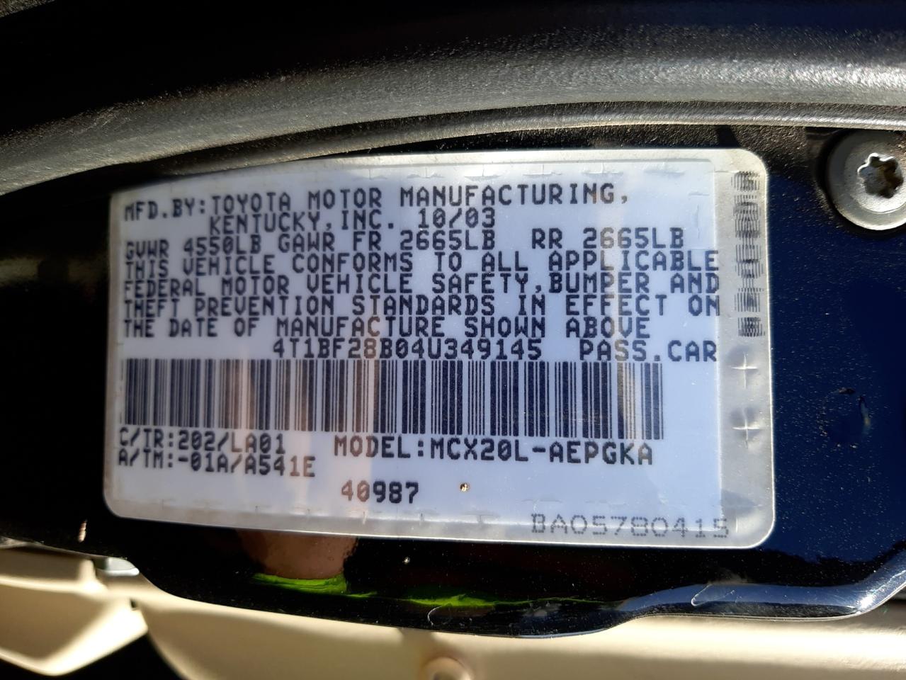 Photo 10 from auction – 2004 TOYOTA AVALON XL with VIN 4T1BF28B04U349145