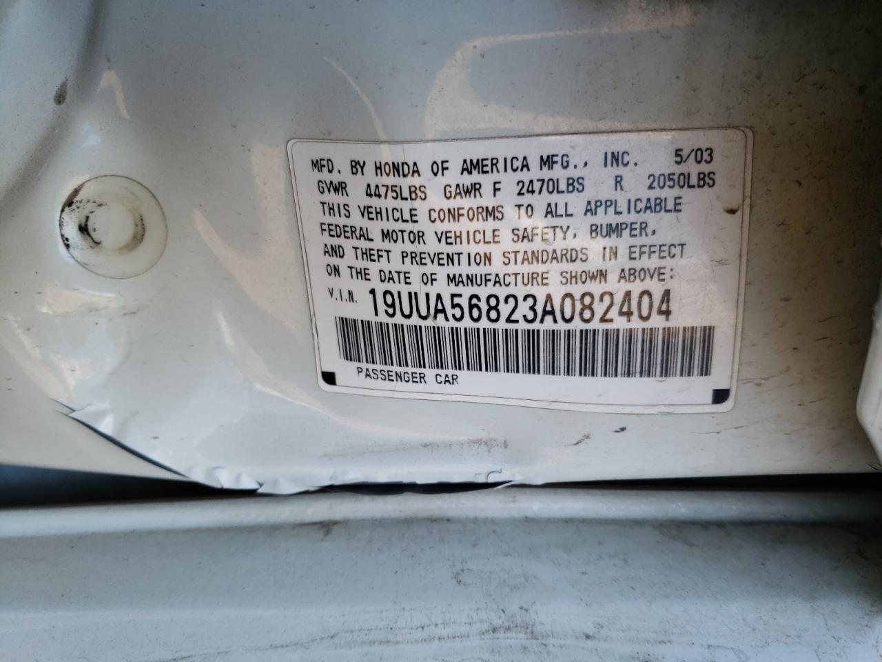 Photo 10 from auction – 2003 ACURA 3.2TL TYPE with VIN 19UUA56823A082404