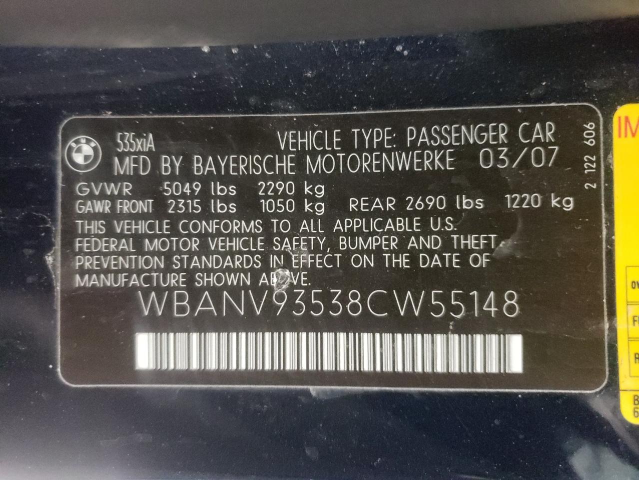 Photo 10 from auction – 2008 BMW 535 XI with VIN WBANV93538CW55148