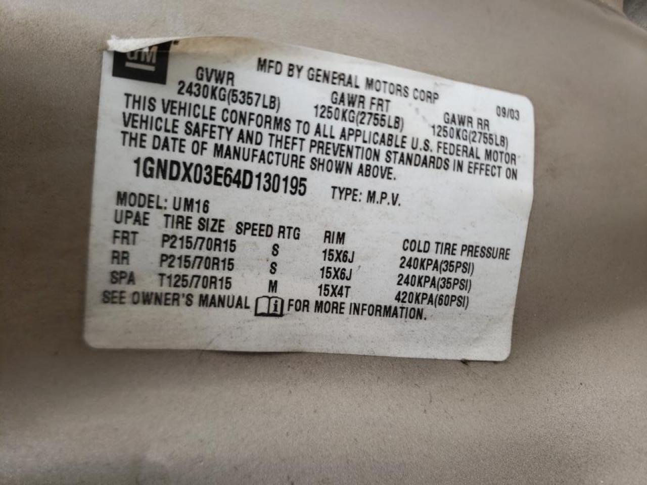 Photo 10 from auction – 2004 CHEVROLET VENTURE with VIN 1GNDX03E64D130195