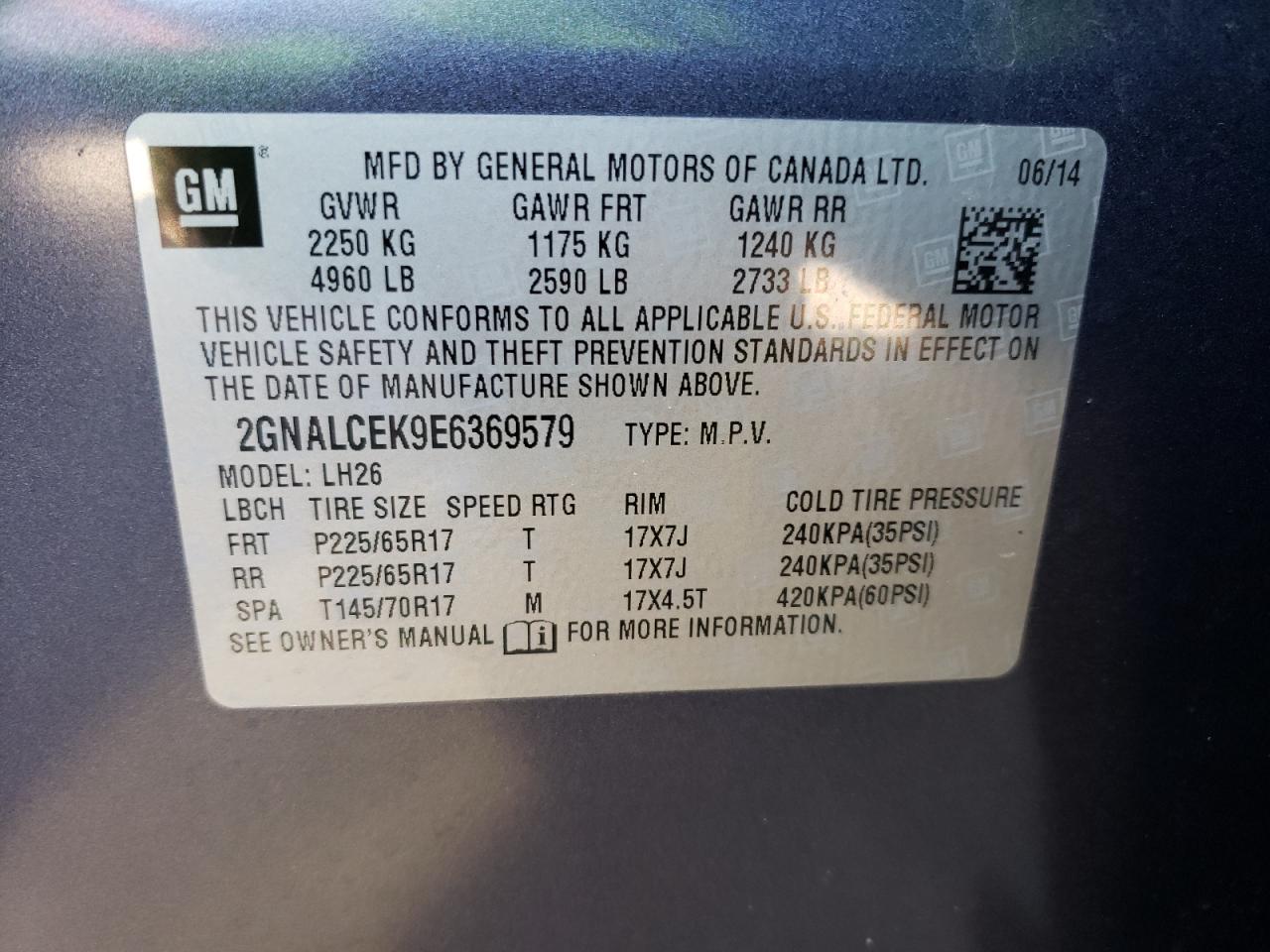 Photo 10 from auction – 2014 CHEVROLET EQUINOX LT with VIN 2GNALCEK9E6369579