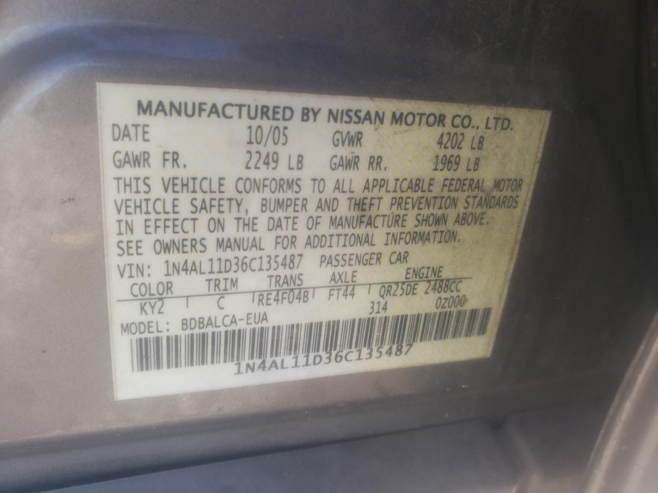 Photo 10 from auction – 2006 NISSAN ALTIMA S with VIN 1N4AL11D36C135487