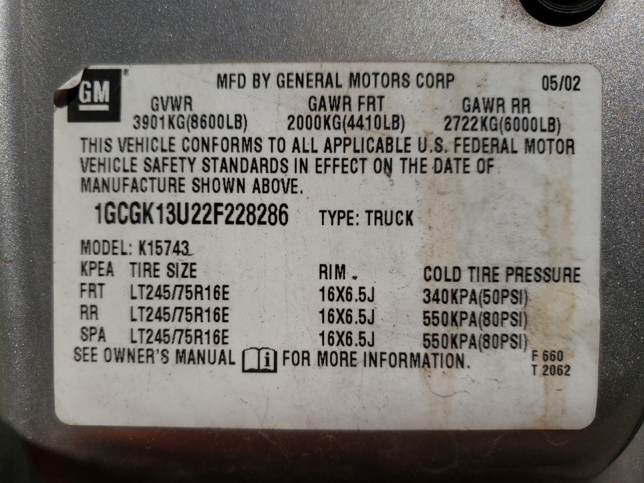 Photo 10 from auction – 2002 CHEVROLET SILVERADO with VIN 1GCGK13U22F228286