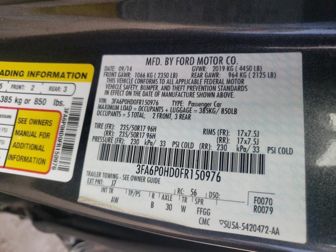 Photo 10 from auction – 2015 FORD FUSION SE with VIN 3FA6P0HD0FR150976