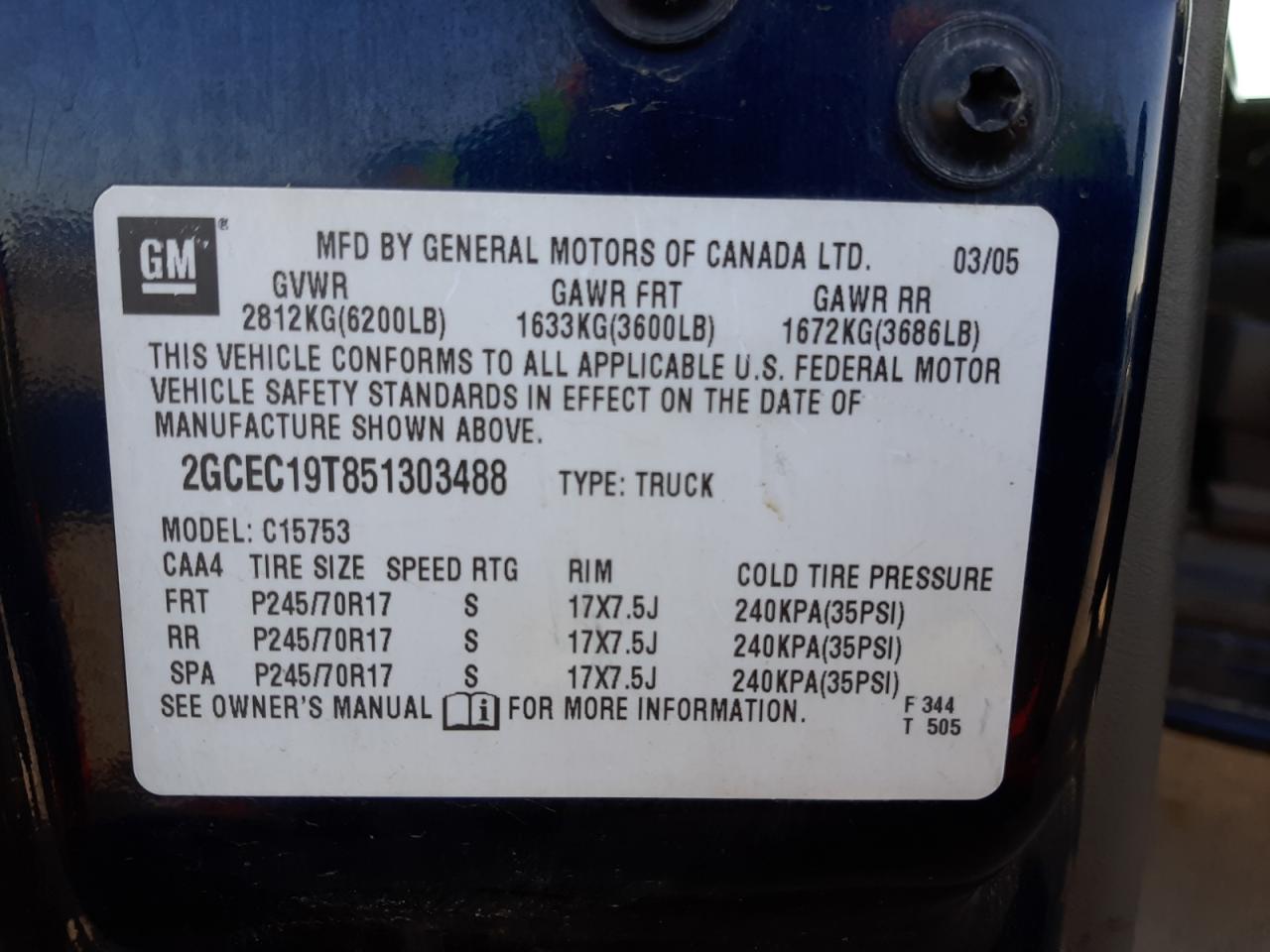 Photo 10 from auction – 2005 CHEVROLET SILVERADO with VIN 2GCEC19T851303488
