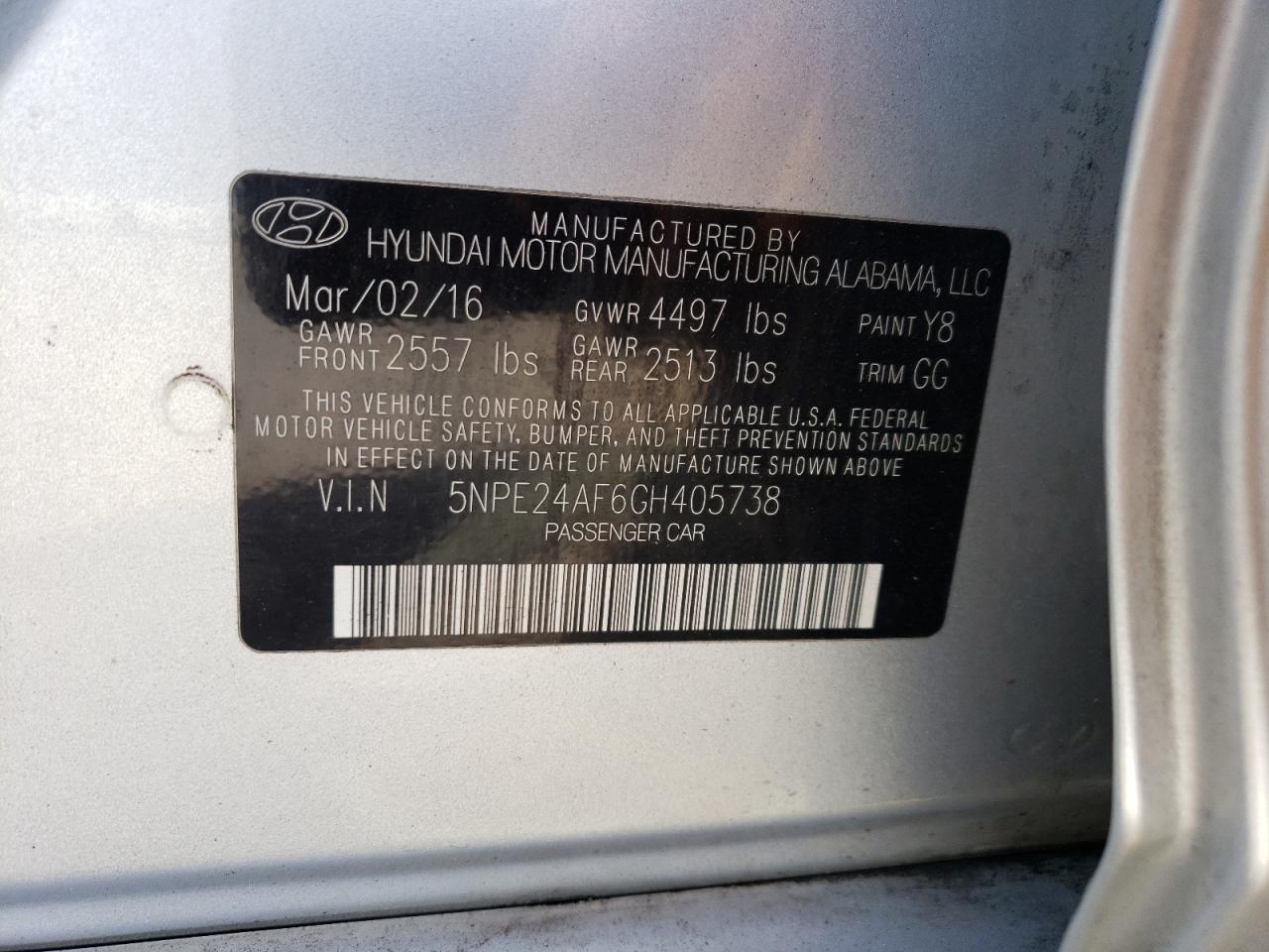 Photo 10 from auction – 2016 HYUNDAI SONATA SE with VIN 5NPE24AF6GH405738