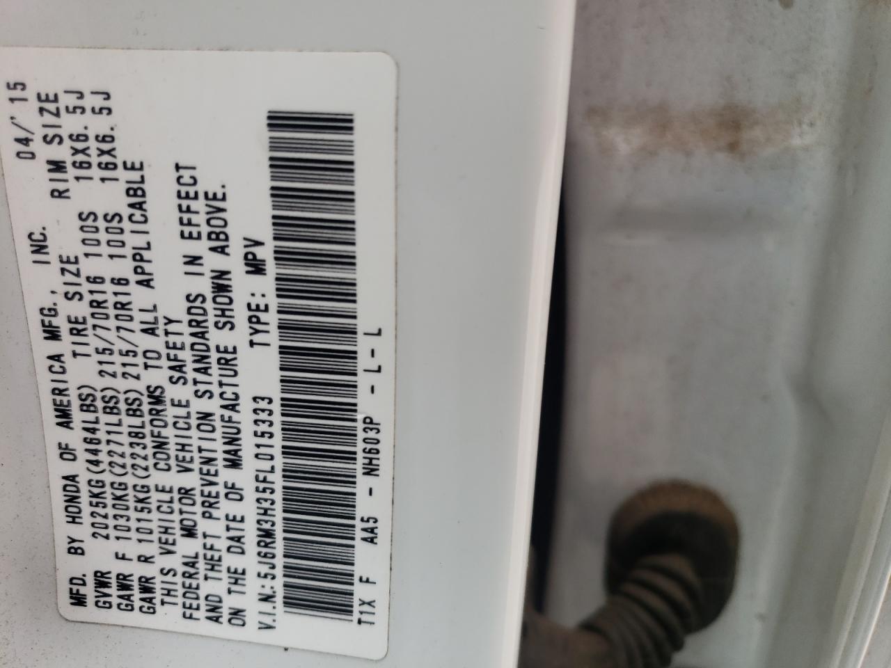 Photo 10 from auction – 2015 HONDA CR-V LX with VIN 5J6RM3H35FL015333