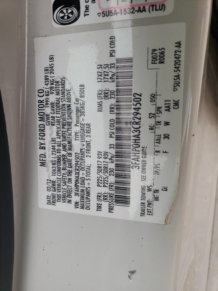 Photo 10 from auction – 2012 FORD FUSION SE with VIN 3FAHP0HA3CR294502