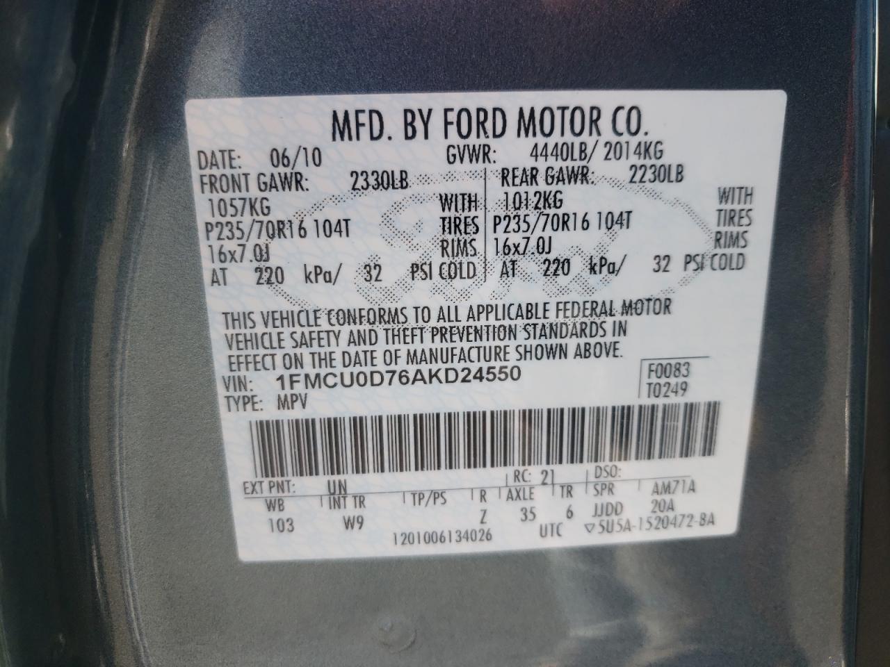 Foto 10 de la subasta – 2010 FORD ESCAPE XLT con VIN 1FMCU0D76AKD24550