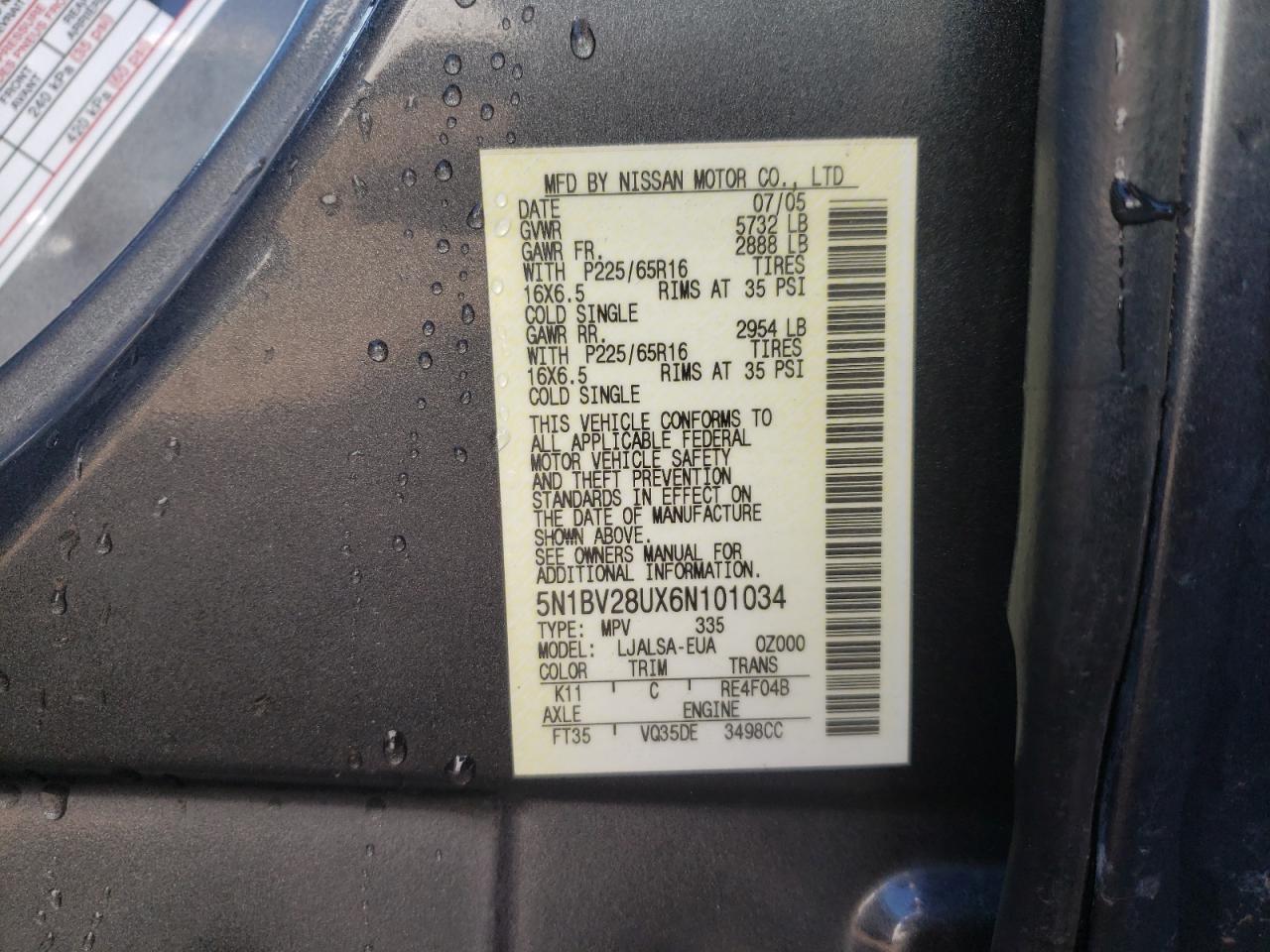 Photo 10 from auction – 2006 NISSAN QUEST S with VIN 5N1BV28UX6N101034