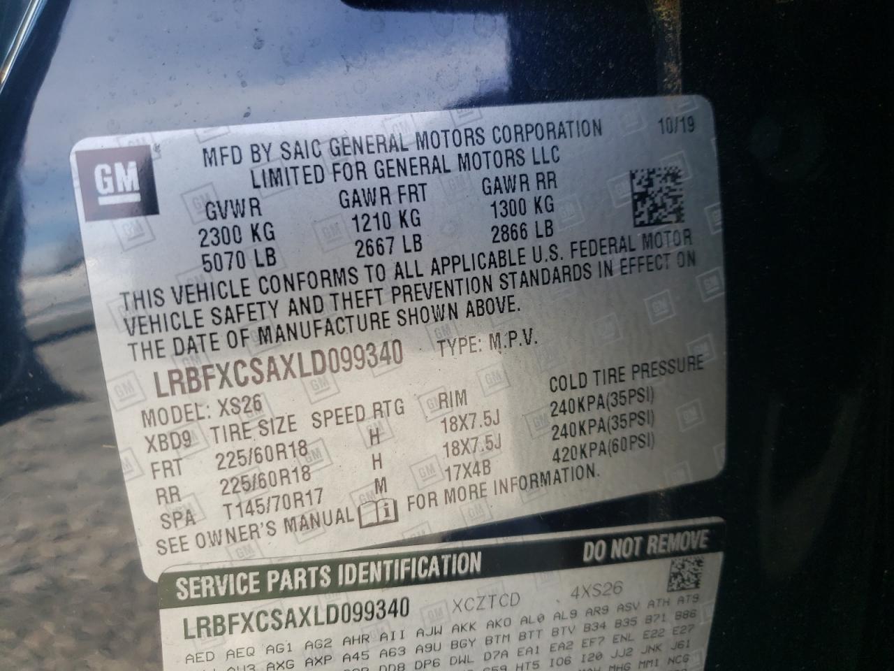 Photo 10 from auction – 2020 BUICK ENVISION E with VIN LRBFXCSAXLD099340