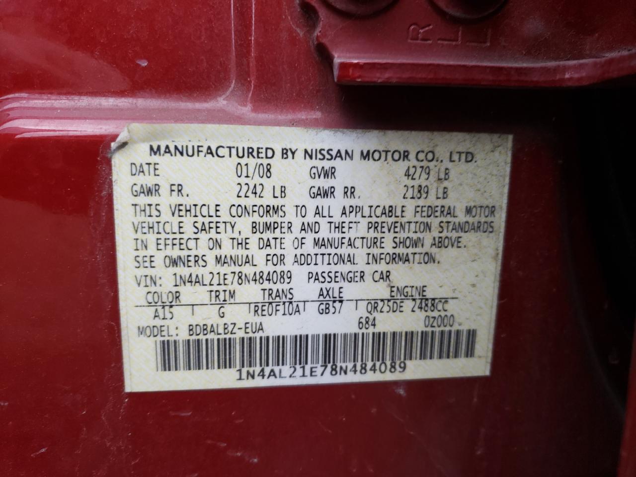 Photo 10 from auction – 2008 NISSAN ALTIMA 2.5 with VIN 1N4AL21E78N484089