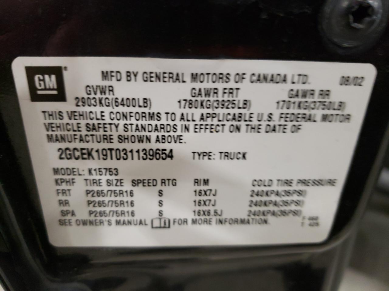 Photo 10 from auction – 2003 CHEVROLET SILVERADO with VIN 2GCEK19T031139654