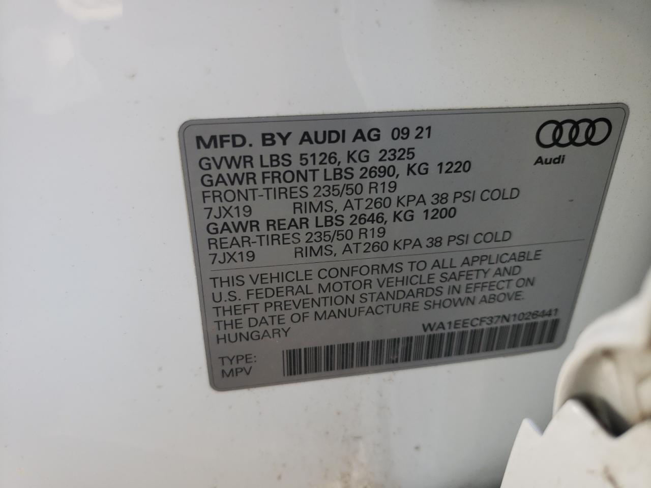Photo 10 from auction – 2022 AUDI Q3 PREMIUM with VIN WA1EECF37N1026441